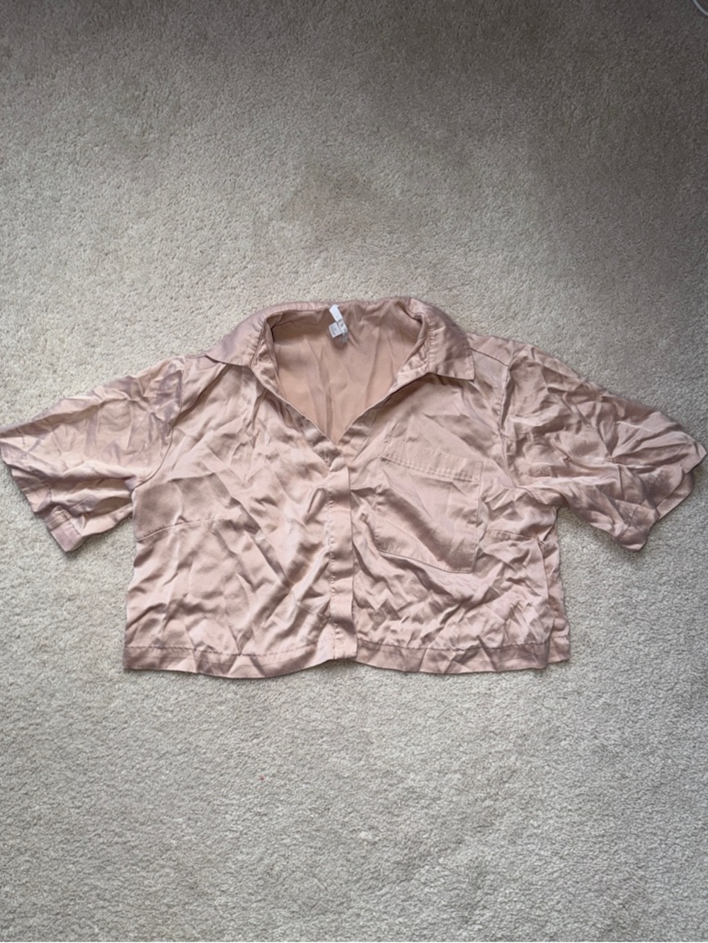 Lunya 100% Silk Blush Cropped Boxy Button-Up Pajama top Sz Small